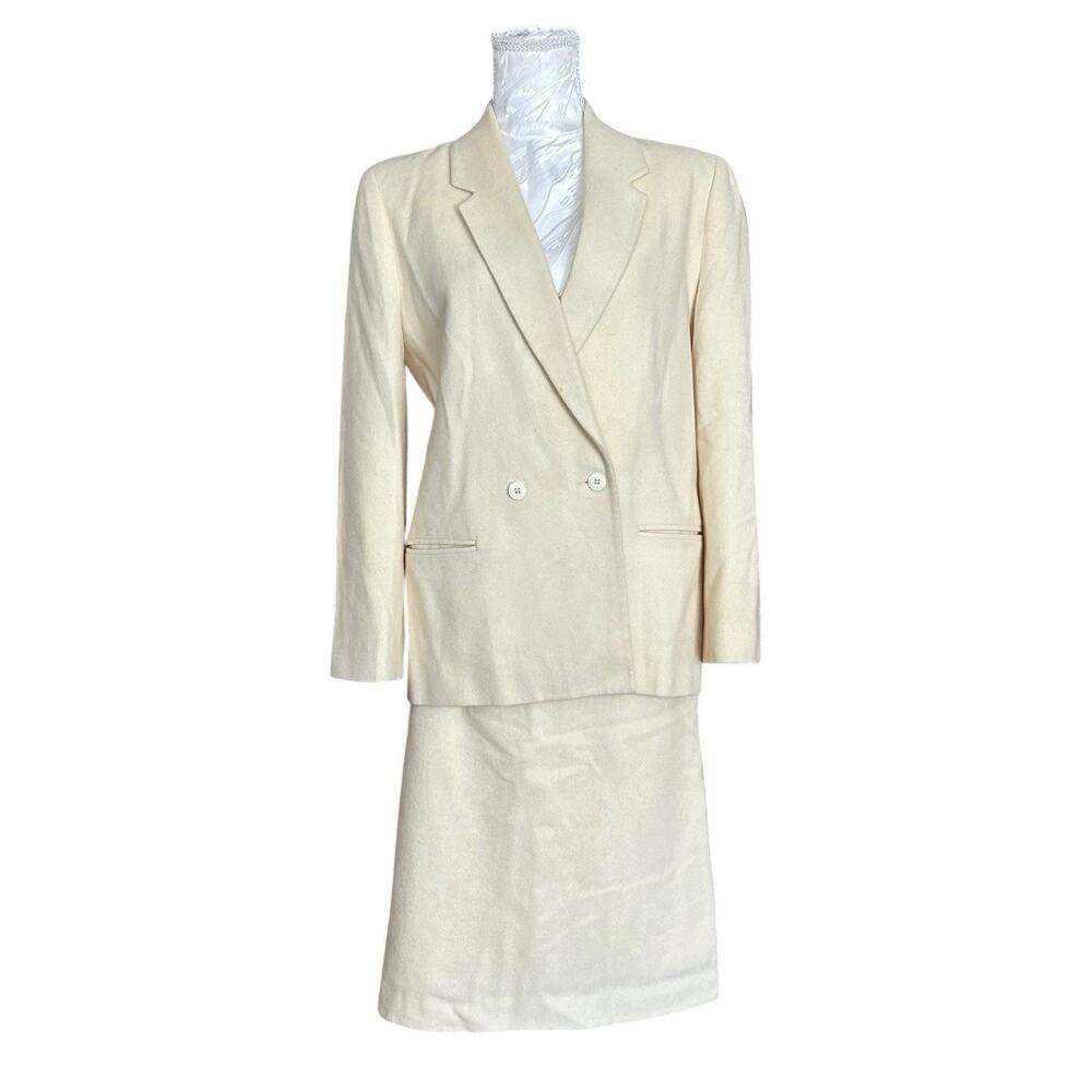 80s Cream Wool Skirt Suit Set Blazer XS Light Academia - Picture 1 of 16